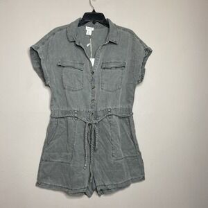 Nicole Miller New York Romper Sz L Linen Lyocell Blend Braided Belt Button Front